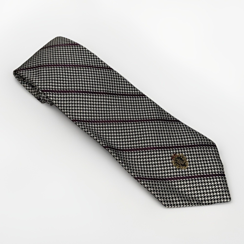 Lauren Ralph Lauren Tie Mens Black White Houndstooth Purple Stripe Crest Silk
